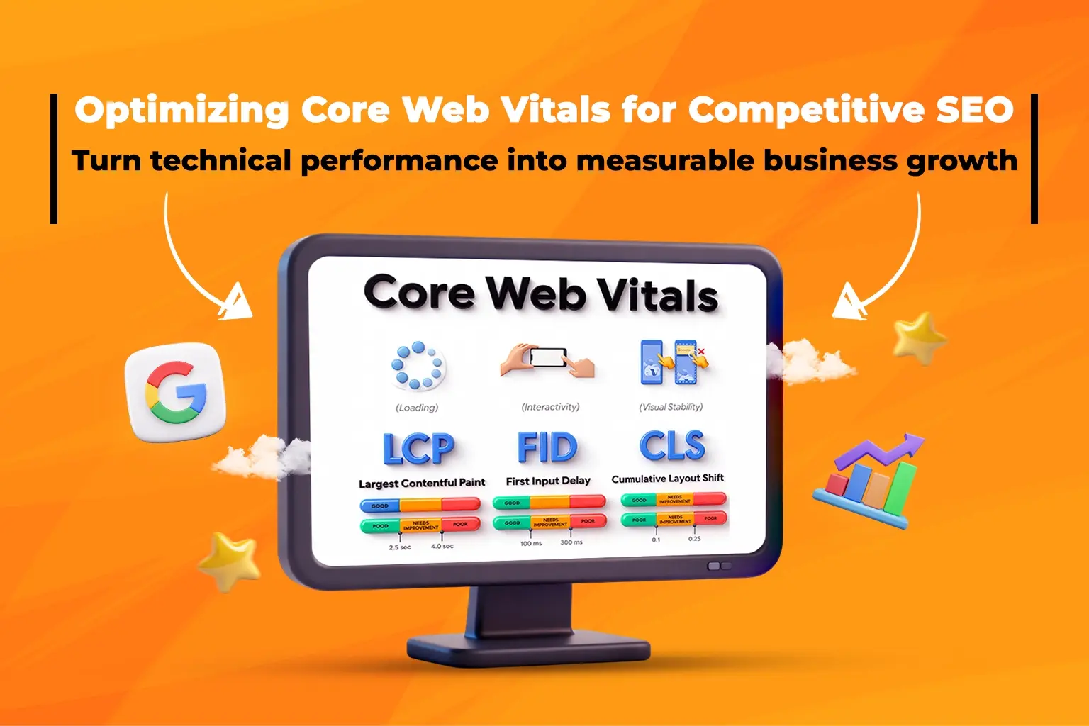 Diagram illustrating Core Web Vitals metrics including loading speed, responsiveness, and visual stability