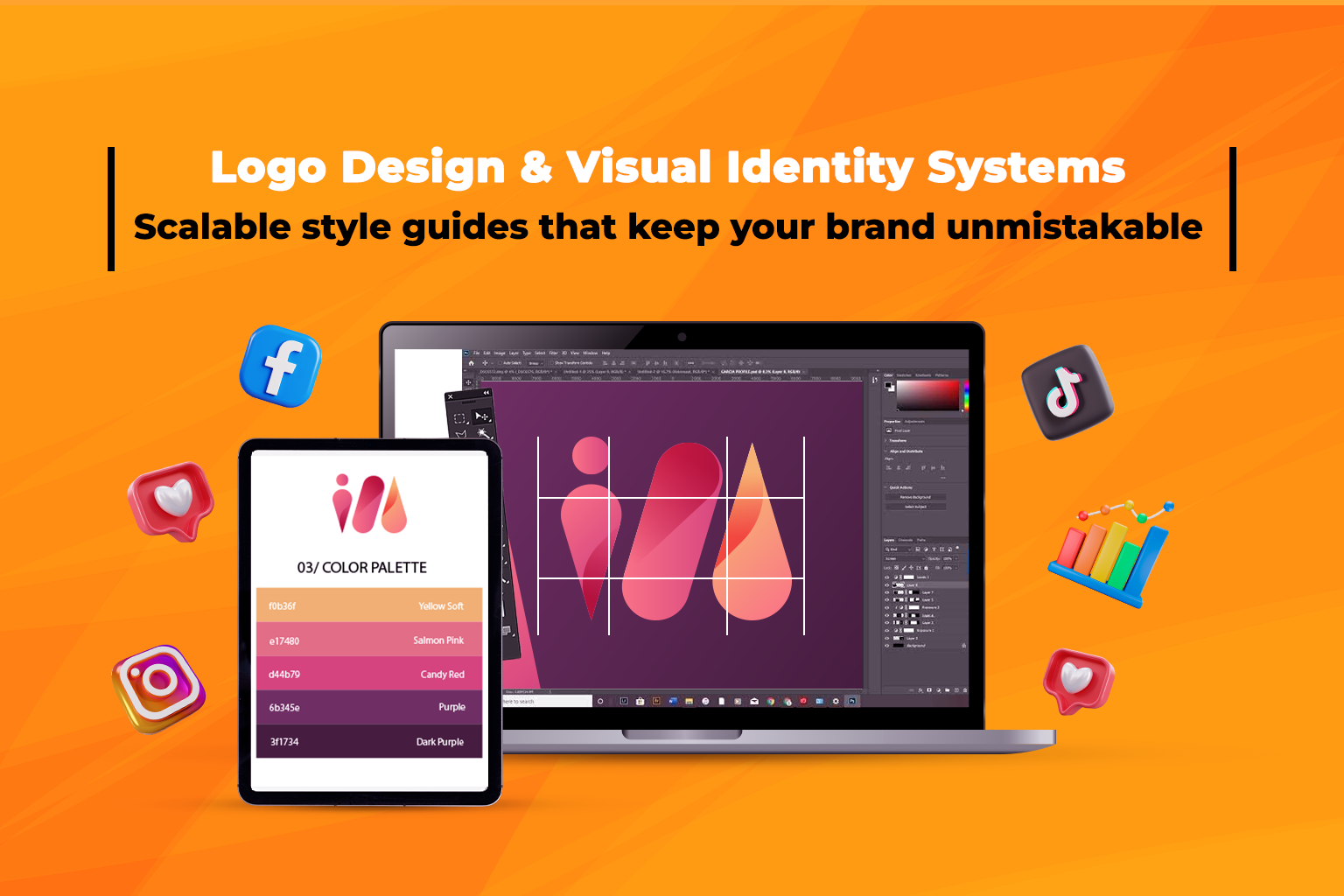 Brand style guide showing logo usage, color palette, and typography rules