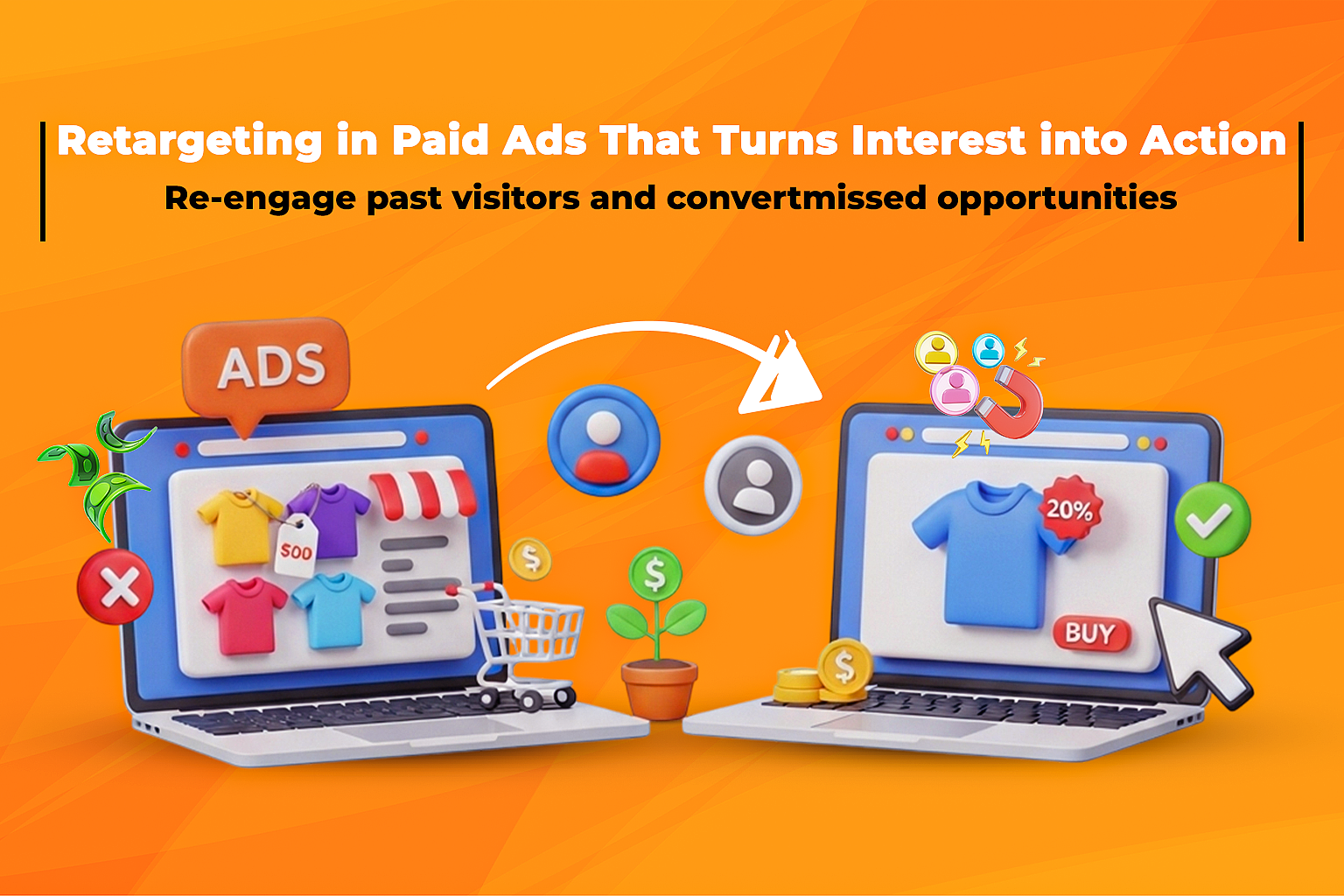 Illustration showing retargeting ads following a user across websites and social platforms