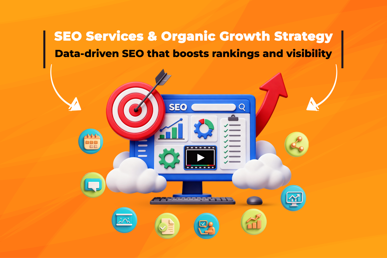 Diagram showing different components of SEO services such as technical SEO, on-page SEO, and content optimization