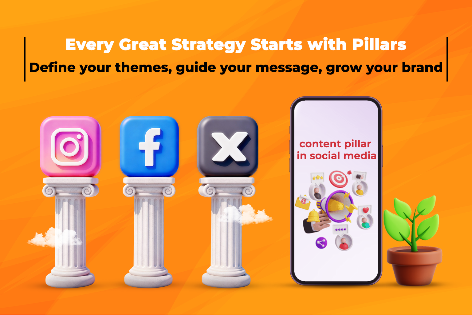 Diagram showing social media content pillars branching into multiple post ideas