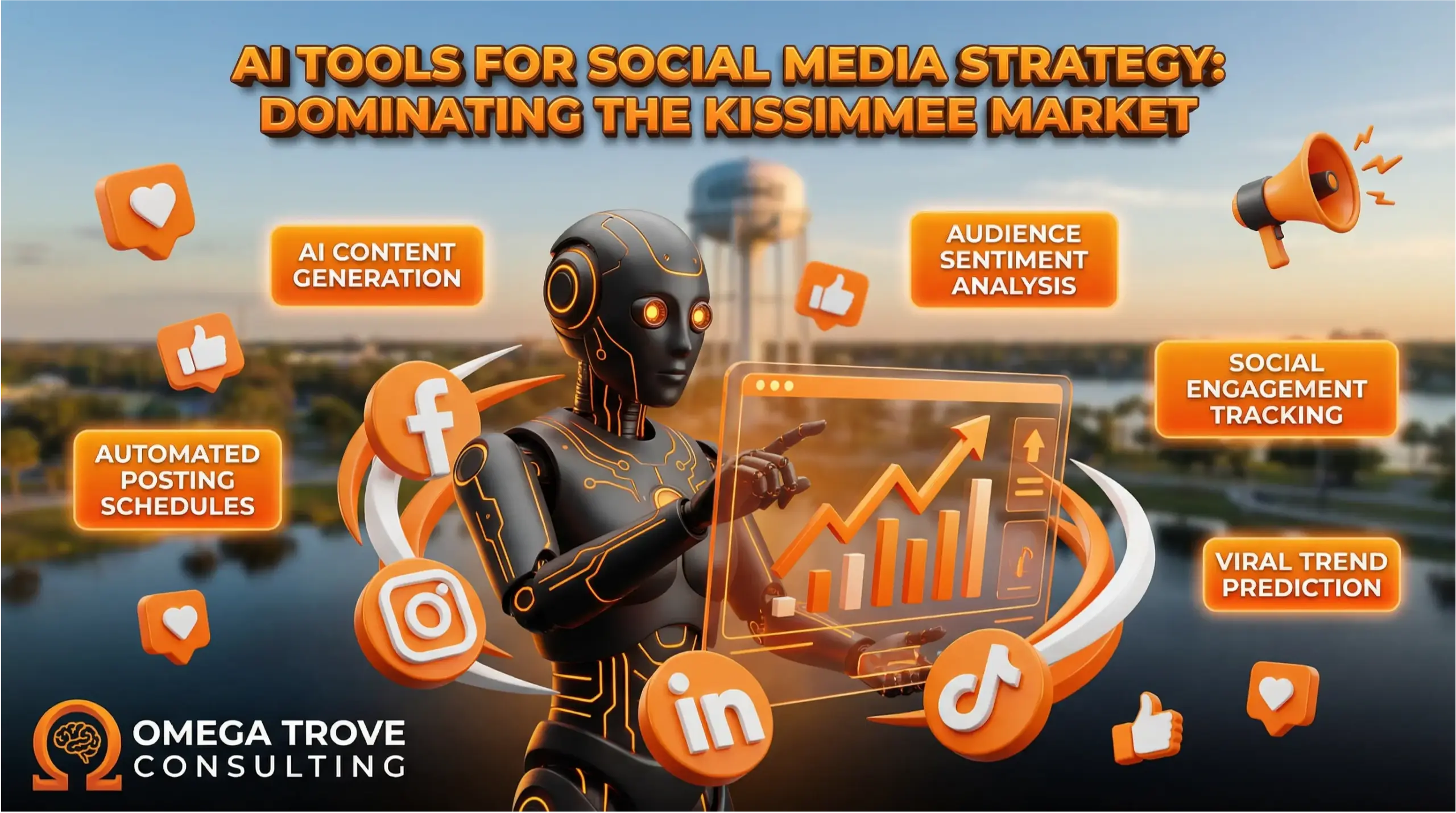 Feature image illustrating AI tools for social media strategy in Kissimmee, showing an AI assistant analyzing social media platforms, engagement metrics, and growth analytics for local businesses