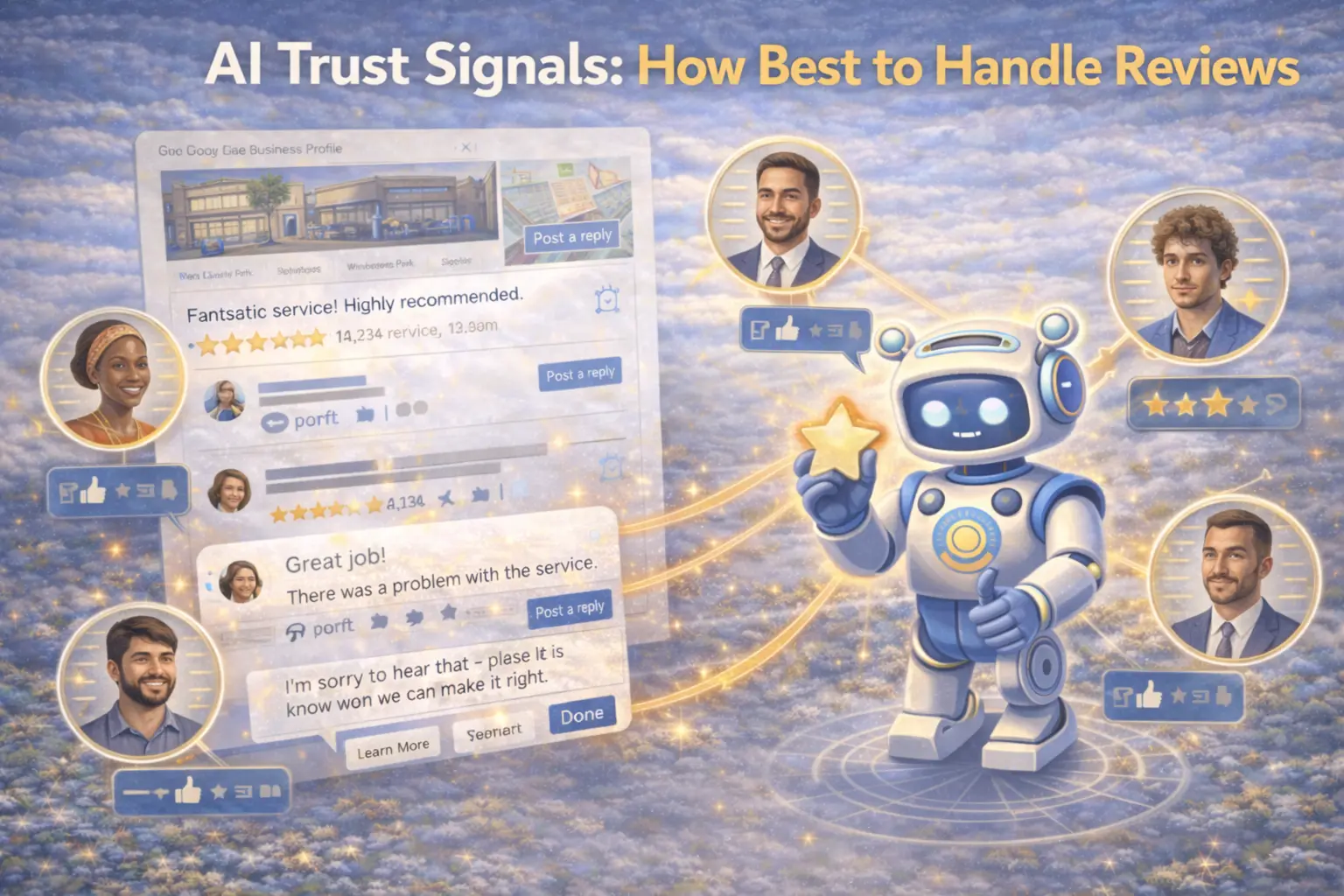 AI trust signals illustration showing how customer reviews, star ratings, and business responses influence near me AI search rankings for Winter Park businesses.