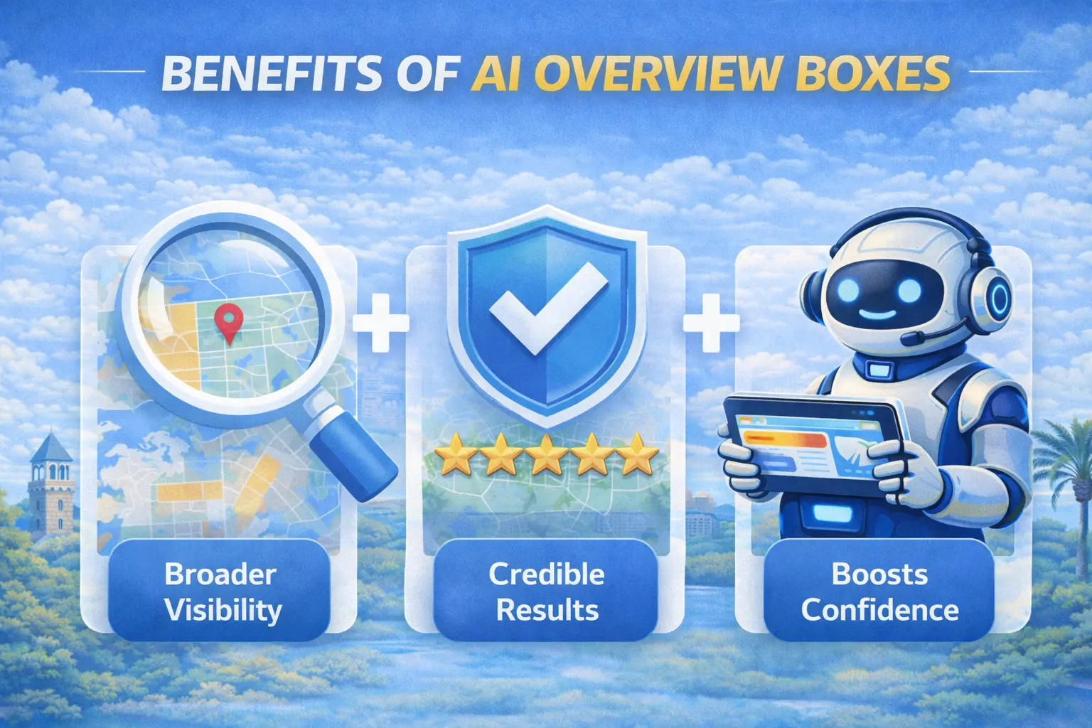 Infographic showing the benefits of AI Overview Boxes for local search, including broader visibility, credible results, and increased user confidence