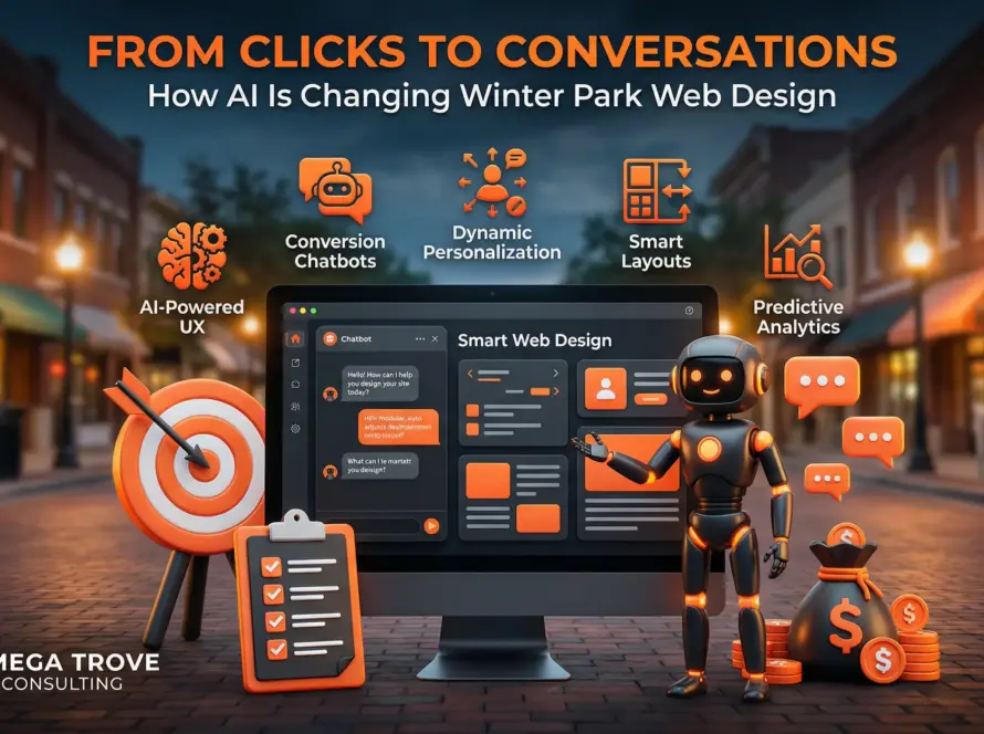 Feature image showing AI-powered web design helping Winter Park businesses turn website clicks into conversations using chat interfaces, personalization, and conversion-focused design.