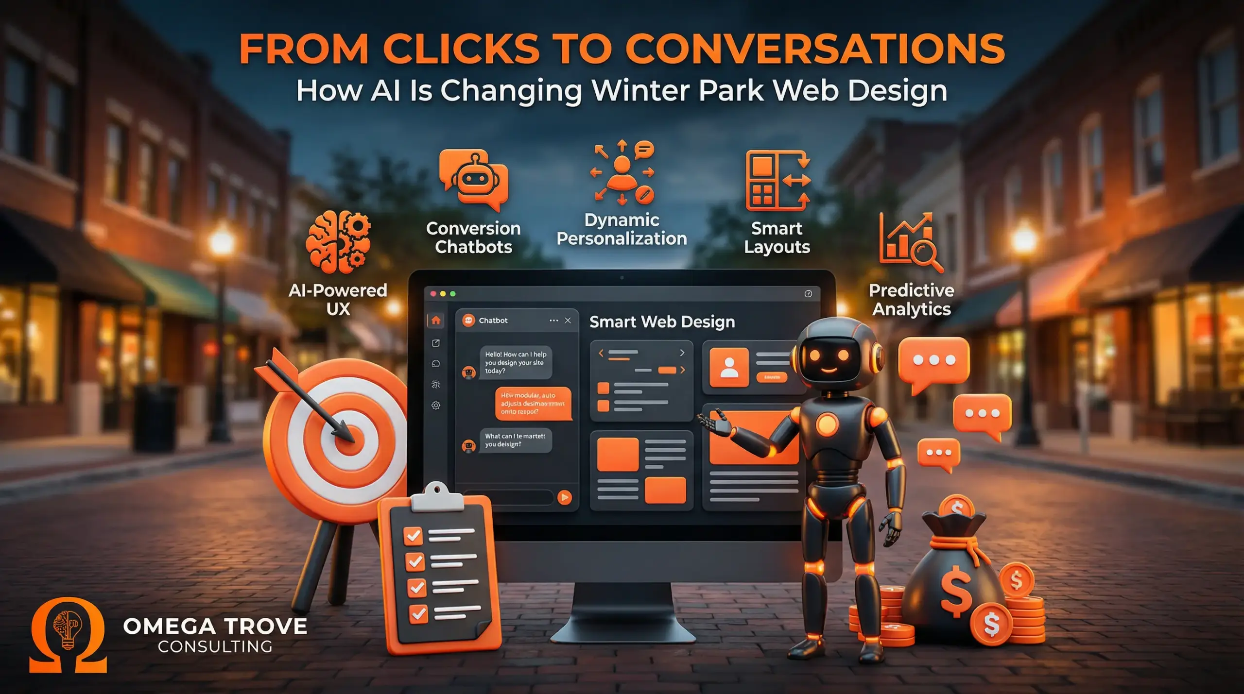 Feature image showing AI-powered web design helping Winter Park businesses turn website clicks into conversations using chat interfaces, personalization, and conversion-focused design.