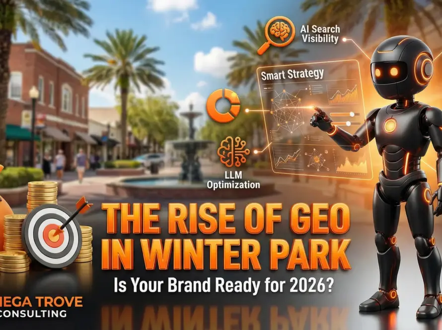 Feature image illustrating Generative Engine Optimization (GEO) in Winter Park, showing AI search platforms citing local businesses and highlighting trust-driven visibility in AI-generated search results.
