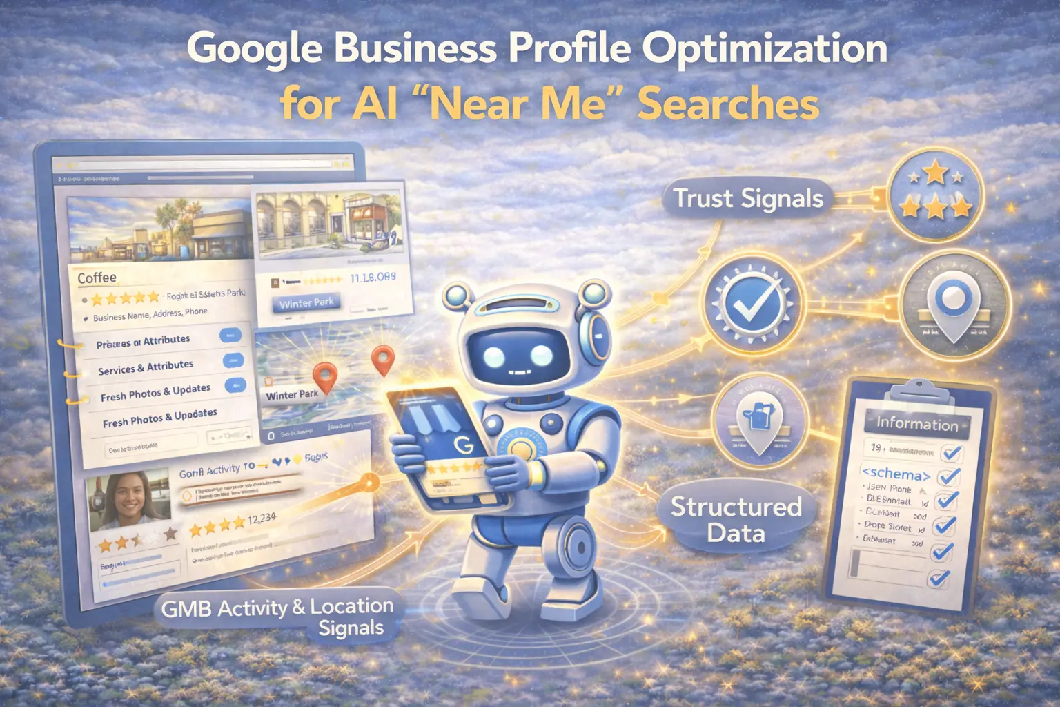 Google Business Profile optimization for AI near me searches showing Winter Park business listings, trust signals, structured data, and location signals improving local AI search visibility.