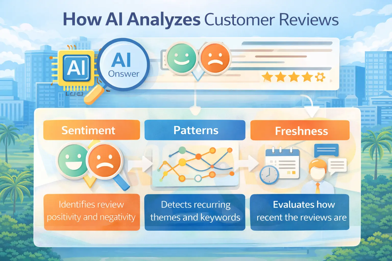 Infographic showing how AI analyzes customer reviews by evaluating sentiment, detecting recurring review patterns, and measuring review freshness to determine business trust and AI search visibility.