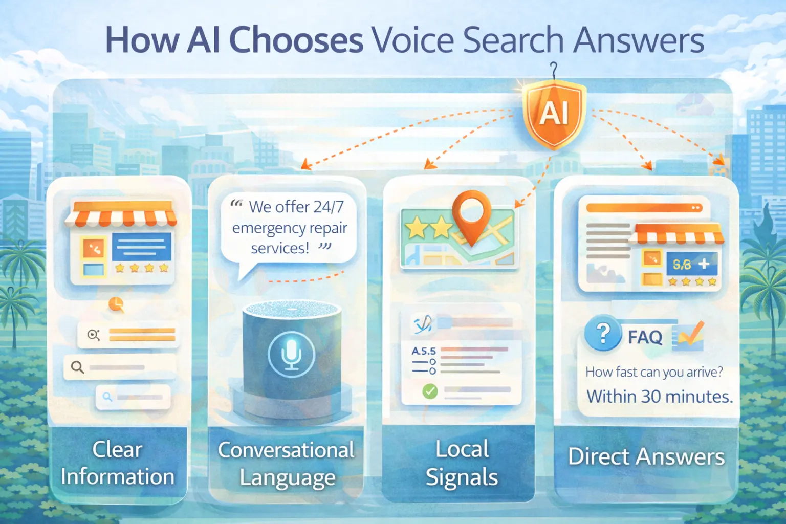 Infographic showing how AI chooses voice search answers by evaluating clear business information, conversational language, local signals, and direct answers for voice-driven search results.
