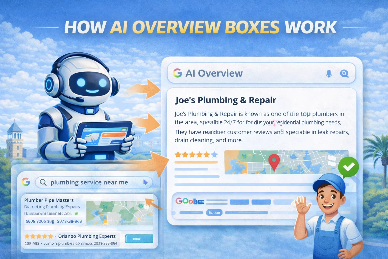 Diagram illustrating how AI Overview Boxes work in local search by turning user queries into AI-generated summaries that highlight trusted local businesses