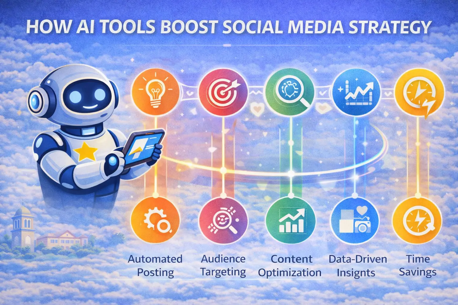 Infographic showing how AI tools boost social media strategy through automated posting, audience targeting, content optimization, data-driven insights, and time savings for businesses
