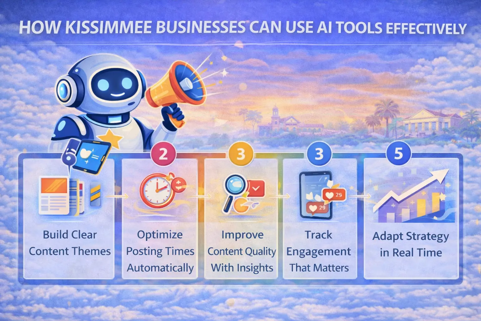 Infographic showing how Kissimmee businesses can use AI tools effectively for social media strategy, including content themes, optimized posting times, engagement tracking, and real-time strategy adaptation