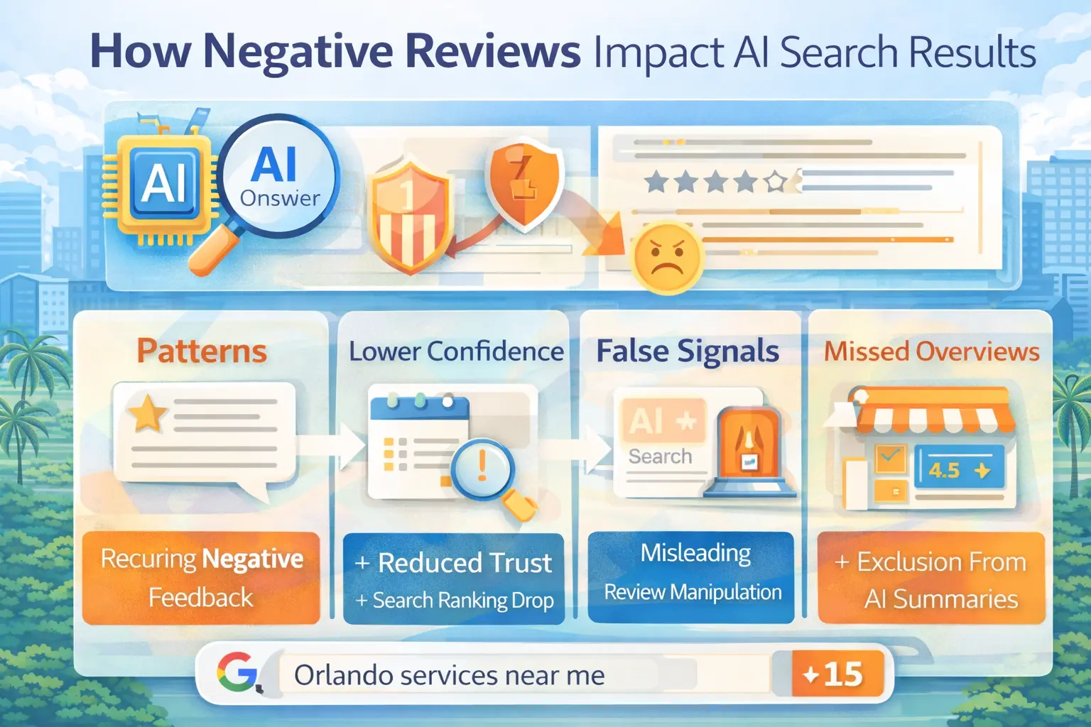 Infographic showing how negative reviews impact AI search results by creating recurring negative patterns, reducing trust, generating false signals, and causing businesses to be excluded from AI summaries and local search visibility.