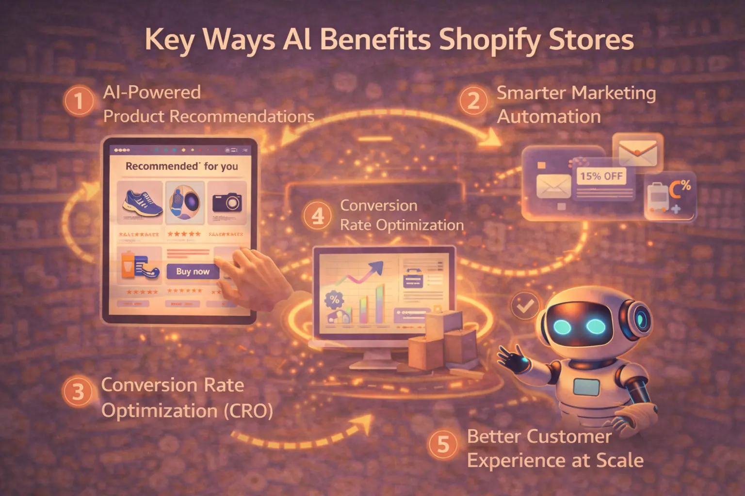 Infographic showing how AI benefits Shopify stores with product recommendations, marketing automation, conversion optimization, and better customer experience in Altamonte Springs.