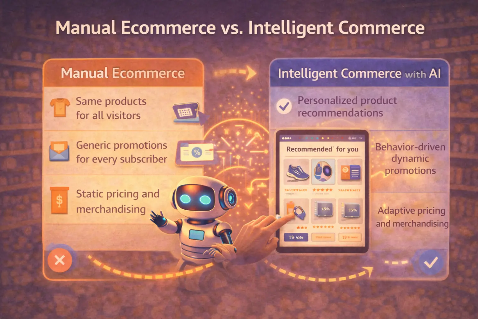 Comparison of manual ecommerce and AI-powered intelligent commerce showing personalized product recommendations and dynamic promotions for Shopify stores in Altamonte Springs.