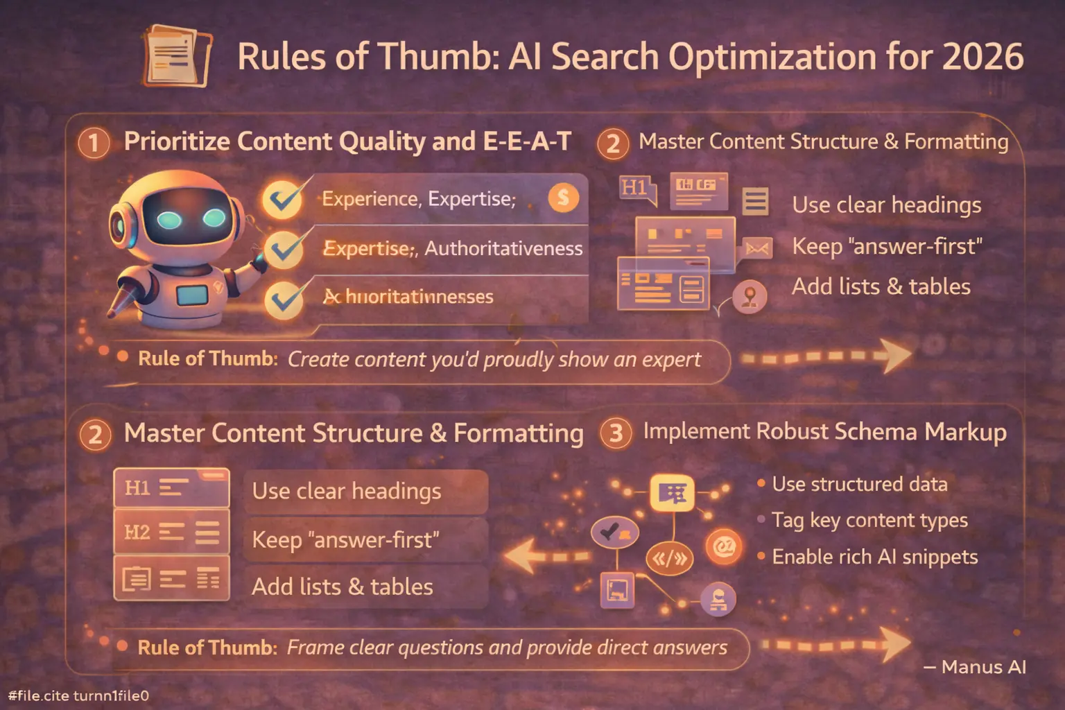 Infographic outlining rules of thumb for AI search optimization in 2026, including E-E-A-T content quality, clear structure, answer-first formatting, and schema markup best practices. 