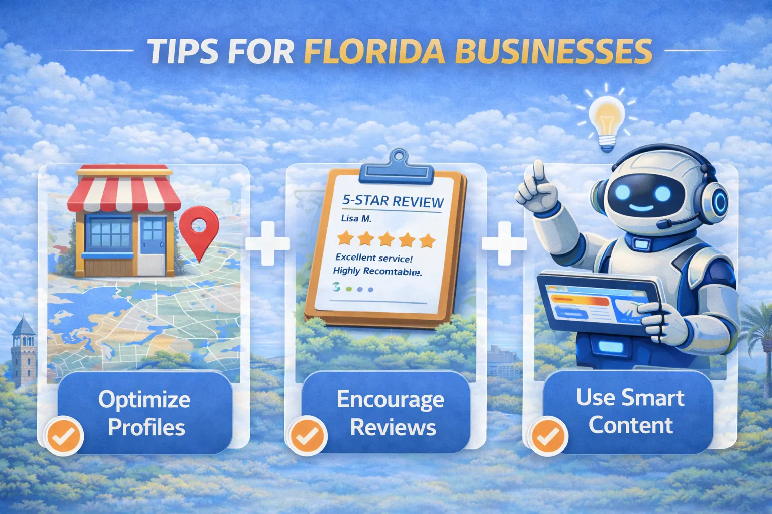Infographic showing tips for Florida businesses to appear in AI Overview Boxes, including optimizing local profiles, encouraging reviews, and using smart content