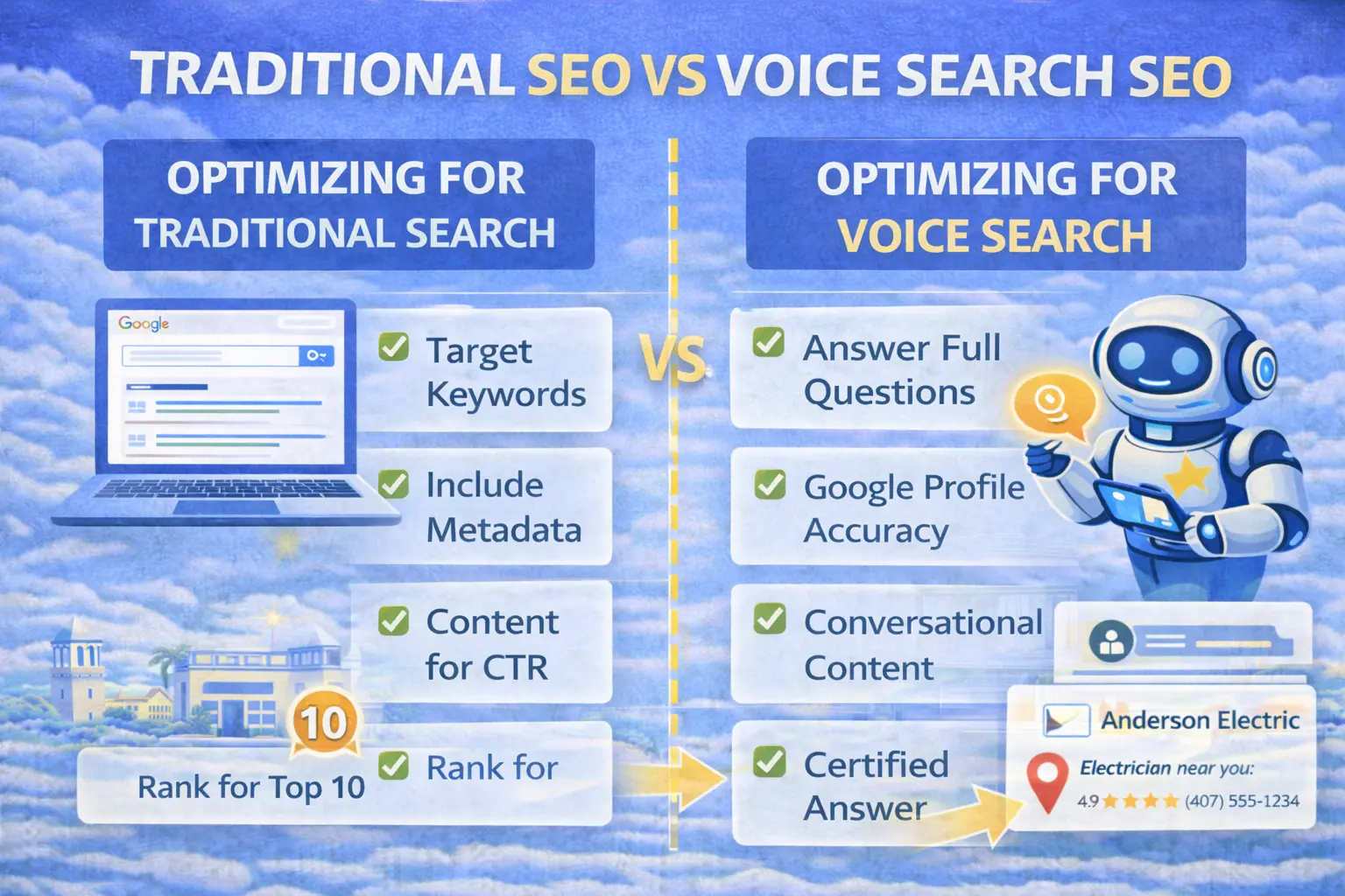 Infographic comparing traditional SEO versus voice search SEO, showing keyword targeting and rankings versus conversational answers, Google profile accuracy, and certified voice search results