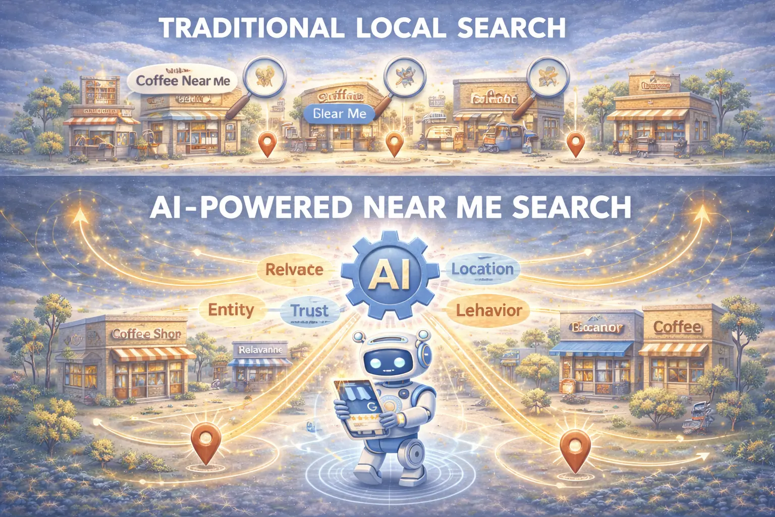 Illustration comparing traditional local search with AI-powered near me search, showing how AI uses relevance, trust, location, and behavior signals to rank Winter Park businesses.