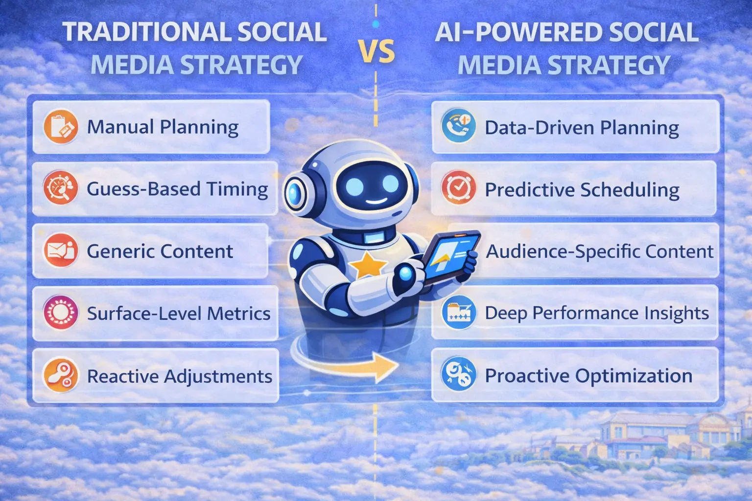 Comparison infographic showing traditional social media strategy versus AI-powered social media strategy, highlighting data-driven planning, predictive scheduling, audience-specific content, and proactive optimization