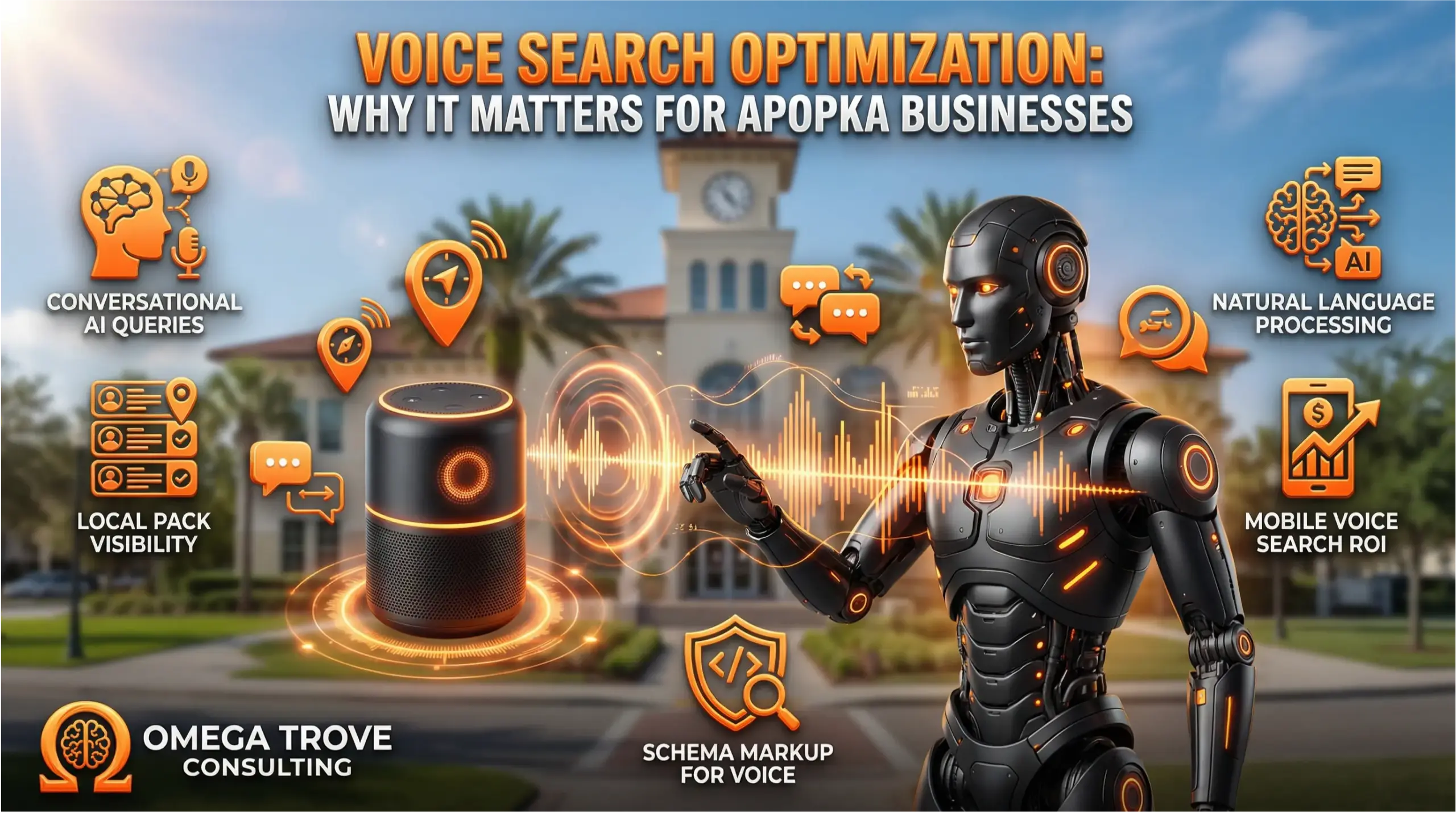 Infographic showing how voice search optimization helps Apopka businesses appear for “near me” voice queries and increase local calls, visits, and customer inquiries
