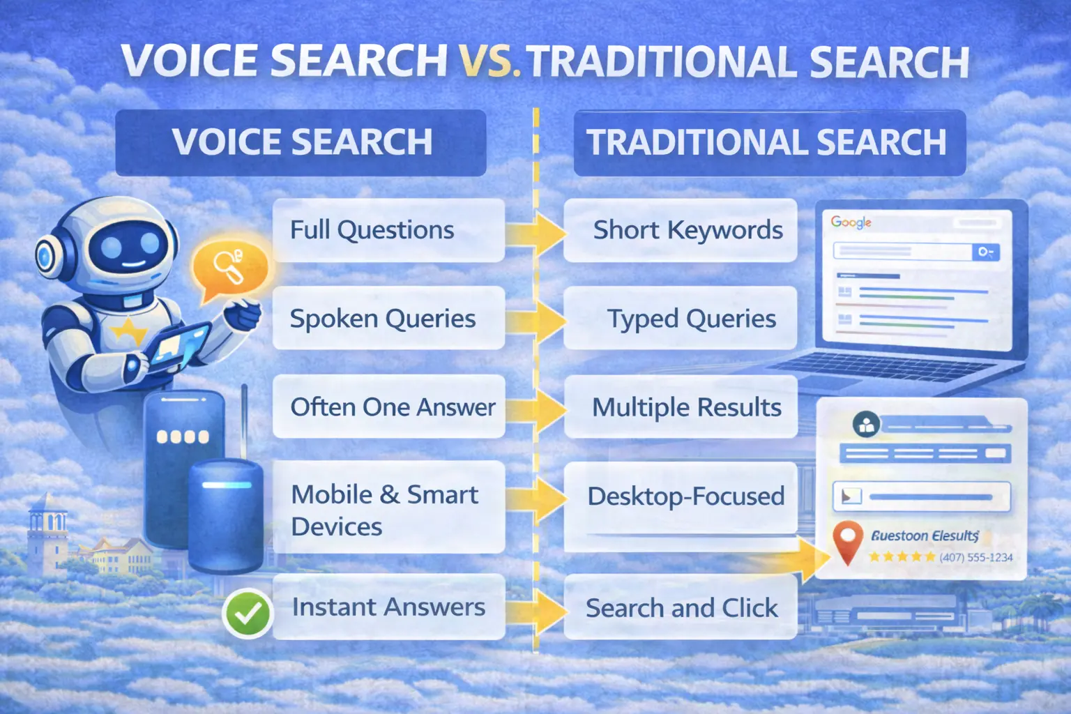 Comparison infographic showing voice search versus traditional search, highlighting spoken questions, instant answers, and mobile devices compared to typed keywords and multiple search results