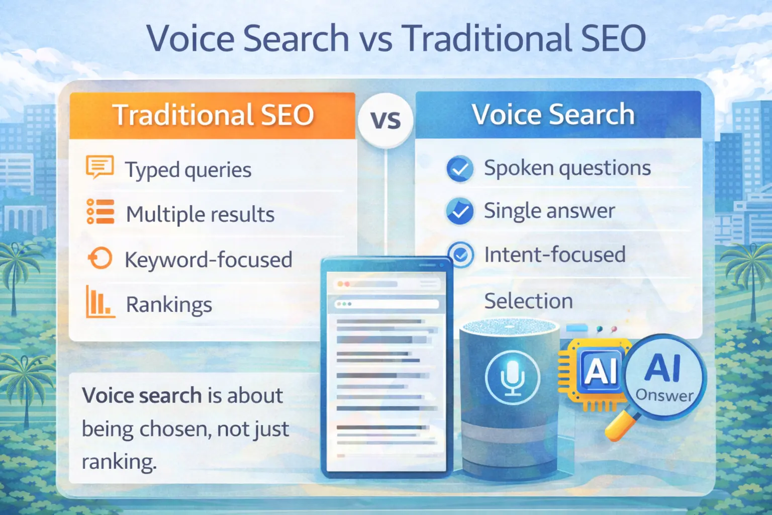 Infographic comparing voice search and traditional SEO, showing the shift from keyword rankings and multiple results to intent-focused, AI-selected spoken answers in voice-driven search. 