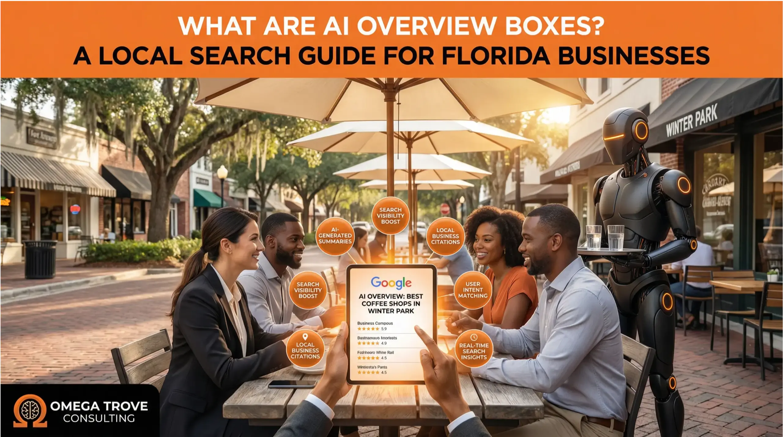 Illustration showing AI Overview Boxes in Google search and how they influence local search visibility for Florida businesses using AI-generated summaries and trusted business listings