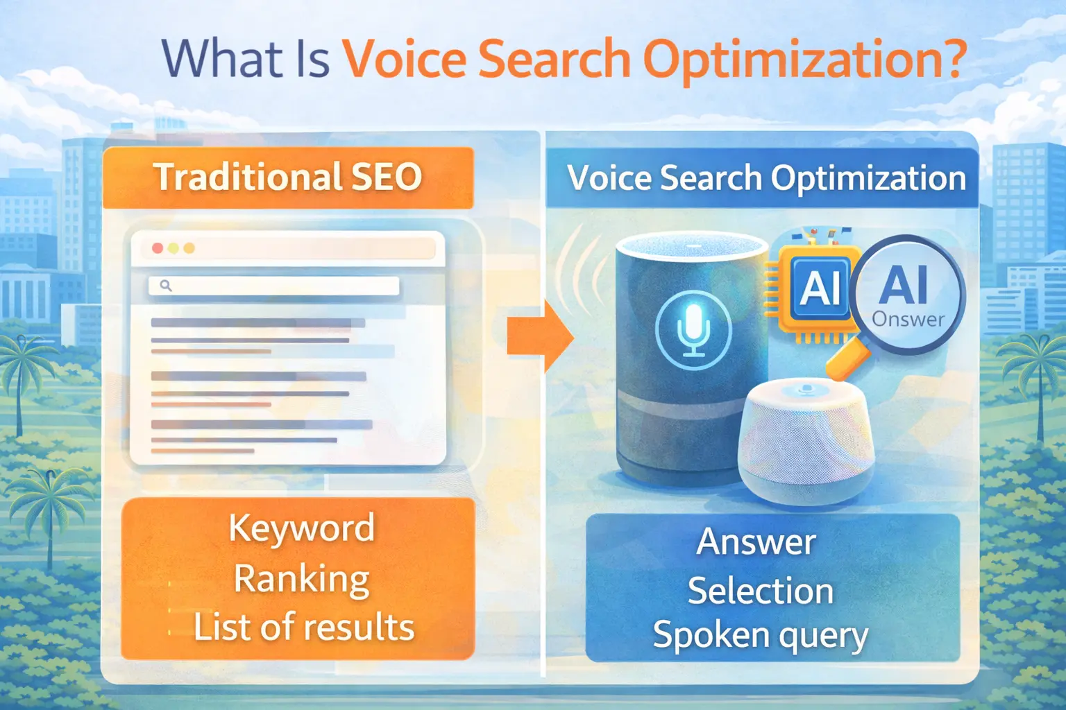 Infographic comparing traditional SEO and voice search optimization, showing the shift from keyword rankings to AI-selected spoken answers used in voice-driven search results.