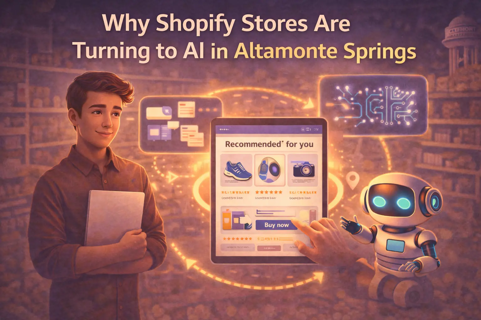 Feature image showing Shopify stores in Altamonte Springs using AI for personalized product recommendations, smarter ecommerce automation, and improved online sales performance.