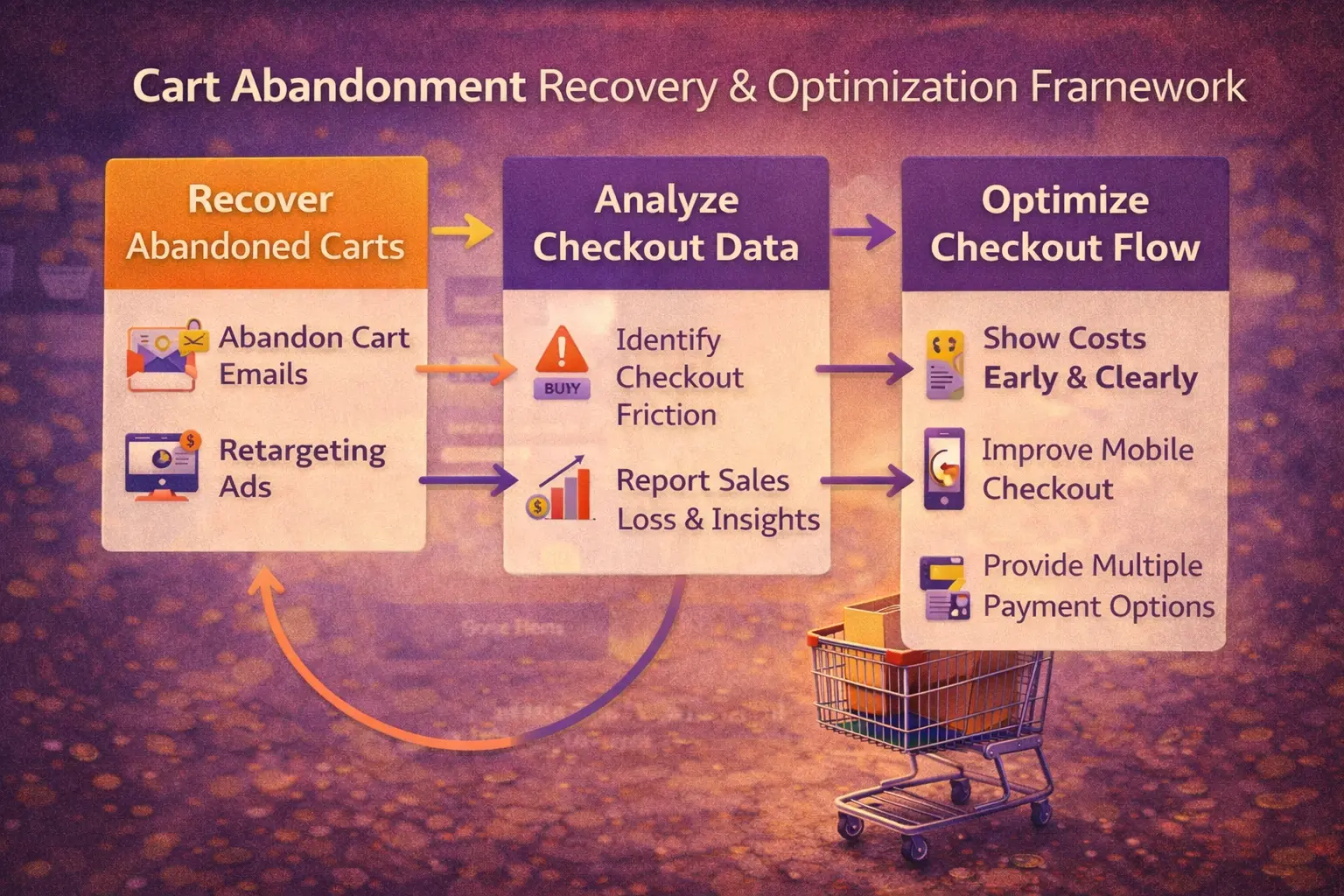 Infographic showing a cart abandonment recovery and optimization framework to reduce checkout drop-off and increase ecommerce conversions