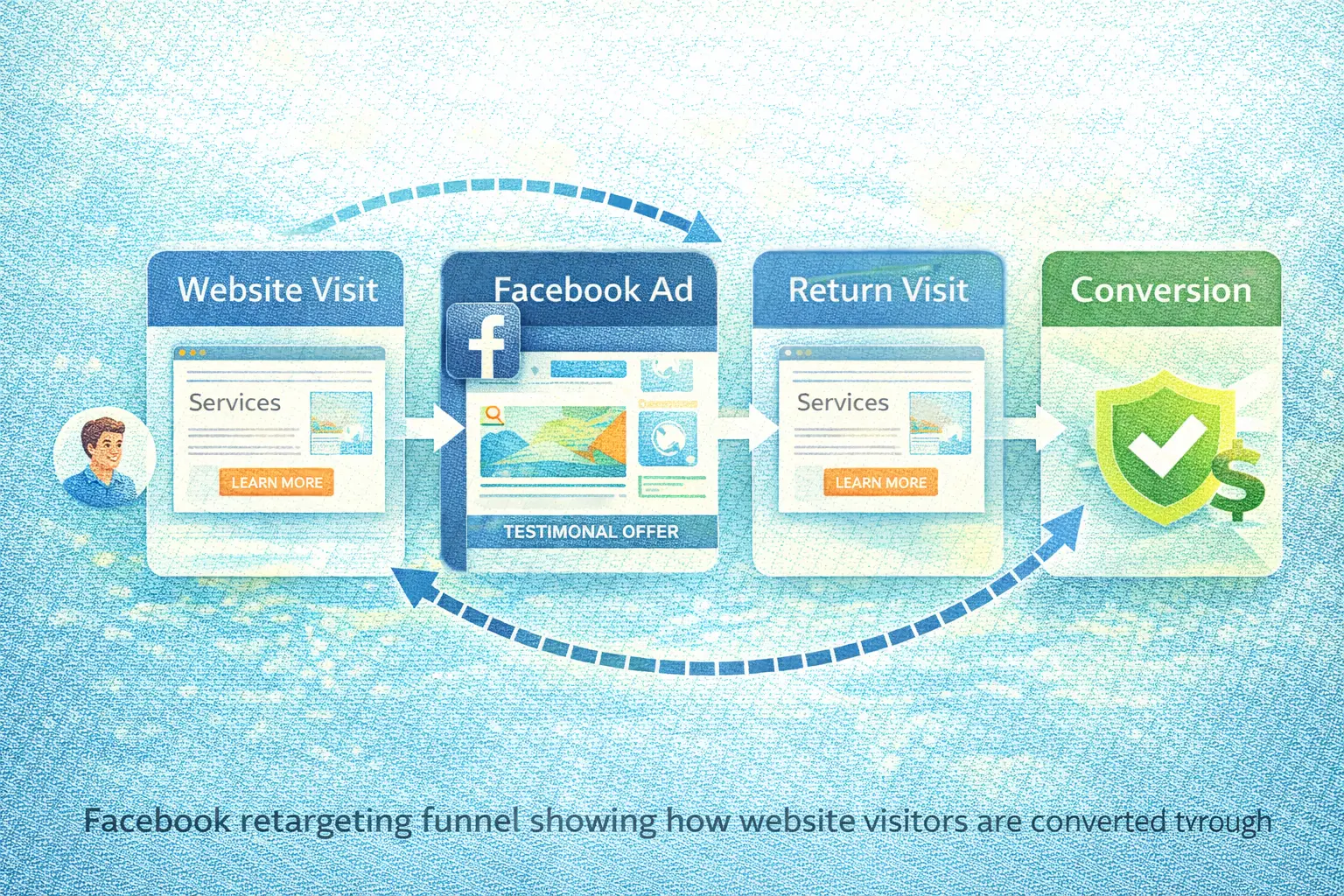 Facebook retargeting funnel showing how website visitors are converted through remarketing ads