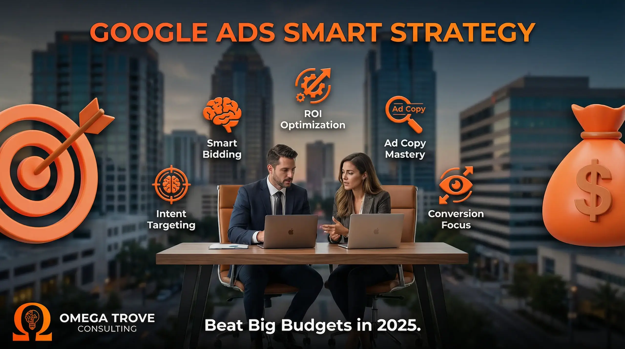 Illustration showing small businesses using smart Google Ads strategy in 2025 to outperform big-budget advertisers, with performance charts, targeting icons, and a Florida city skyline.