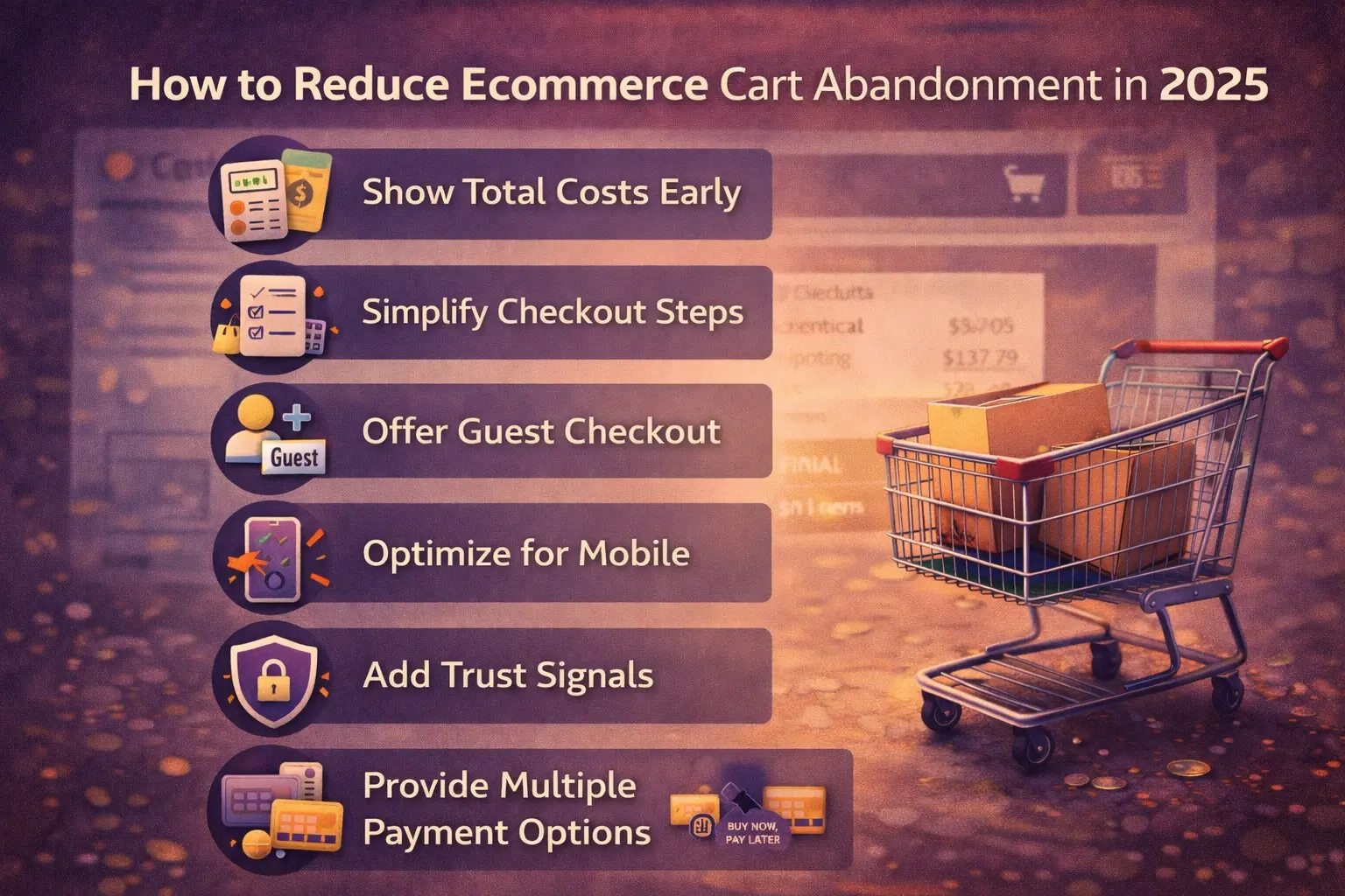Infographic showing proven strategies to reduce ecommerce cart abandonment in 2025 and improve checkout conversions