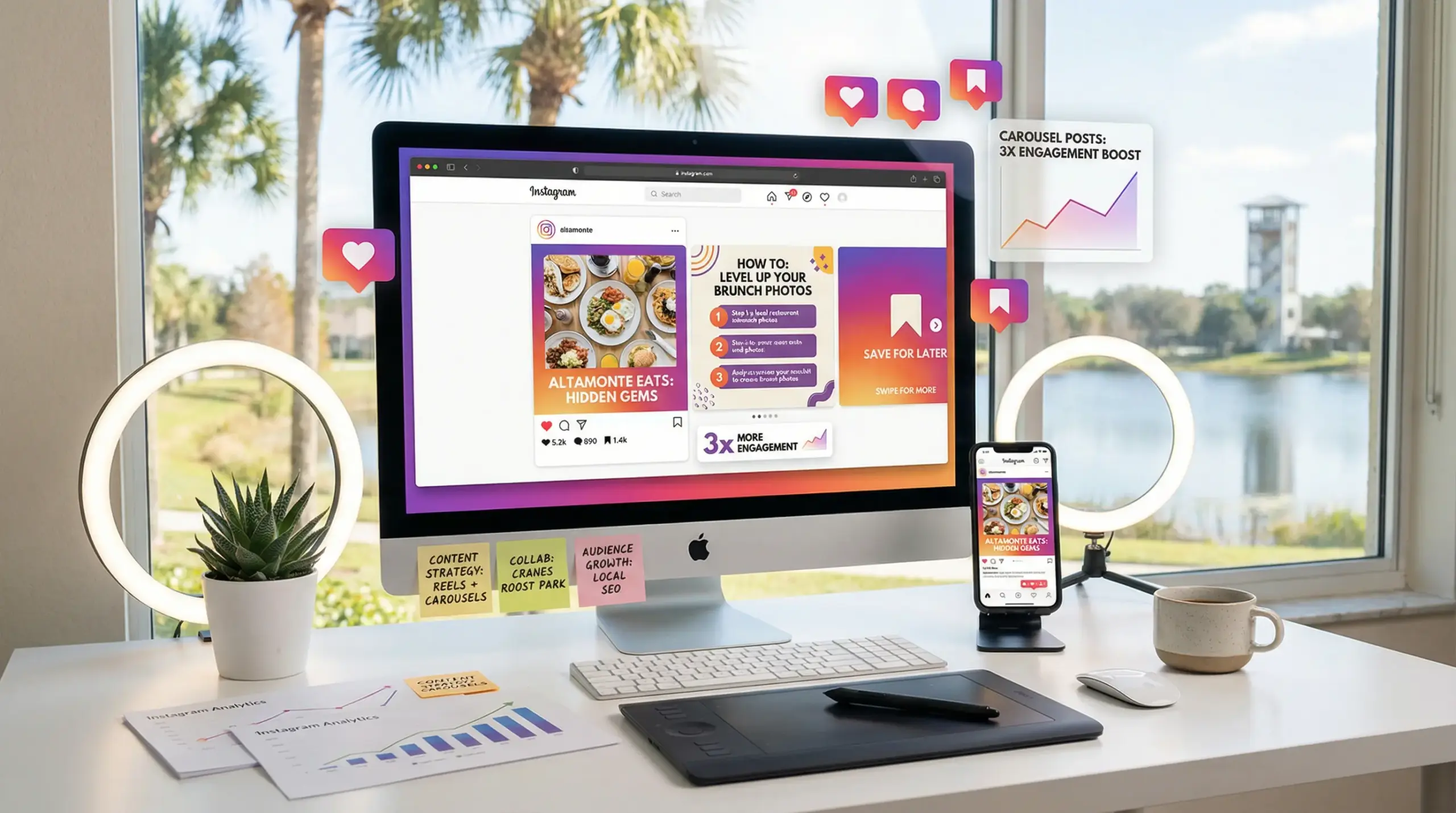 Illustration showing Instagram carousel posts and strategy for Altamonte Springs brands looking to increase engagement and conversions
