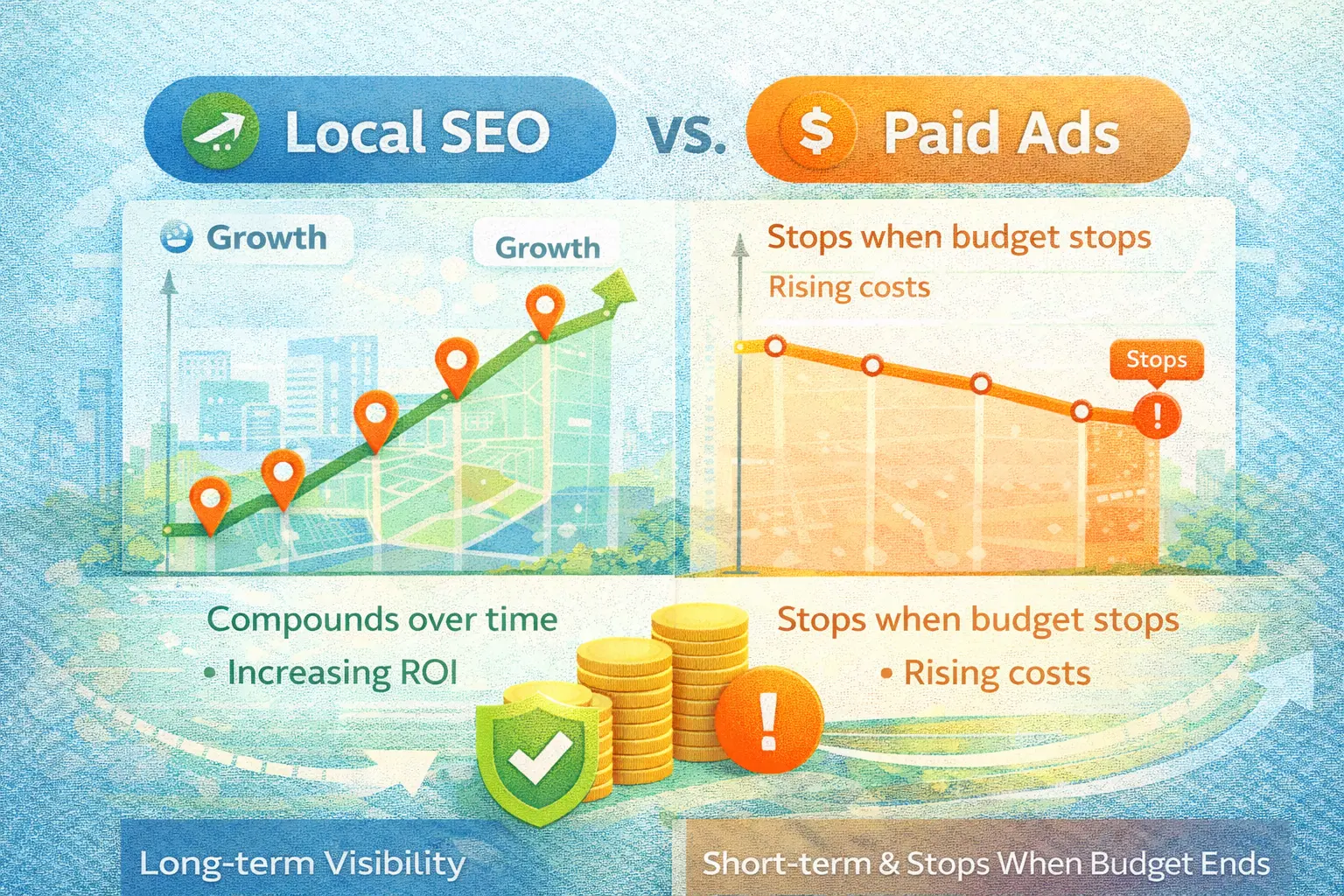 Local SEO compared to paid ads showing long-term visibility and sustainable growth