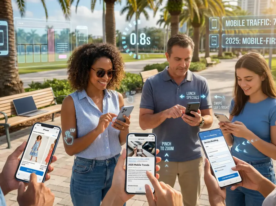 Illustration showing mobile-first website design in 2025 with a smartphone prioritized over desktop for user experience and performance