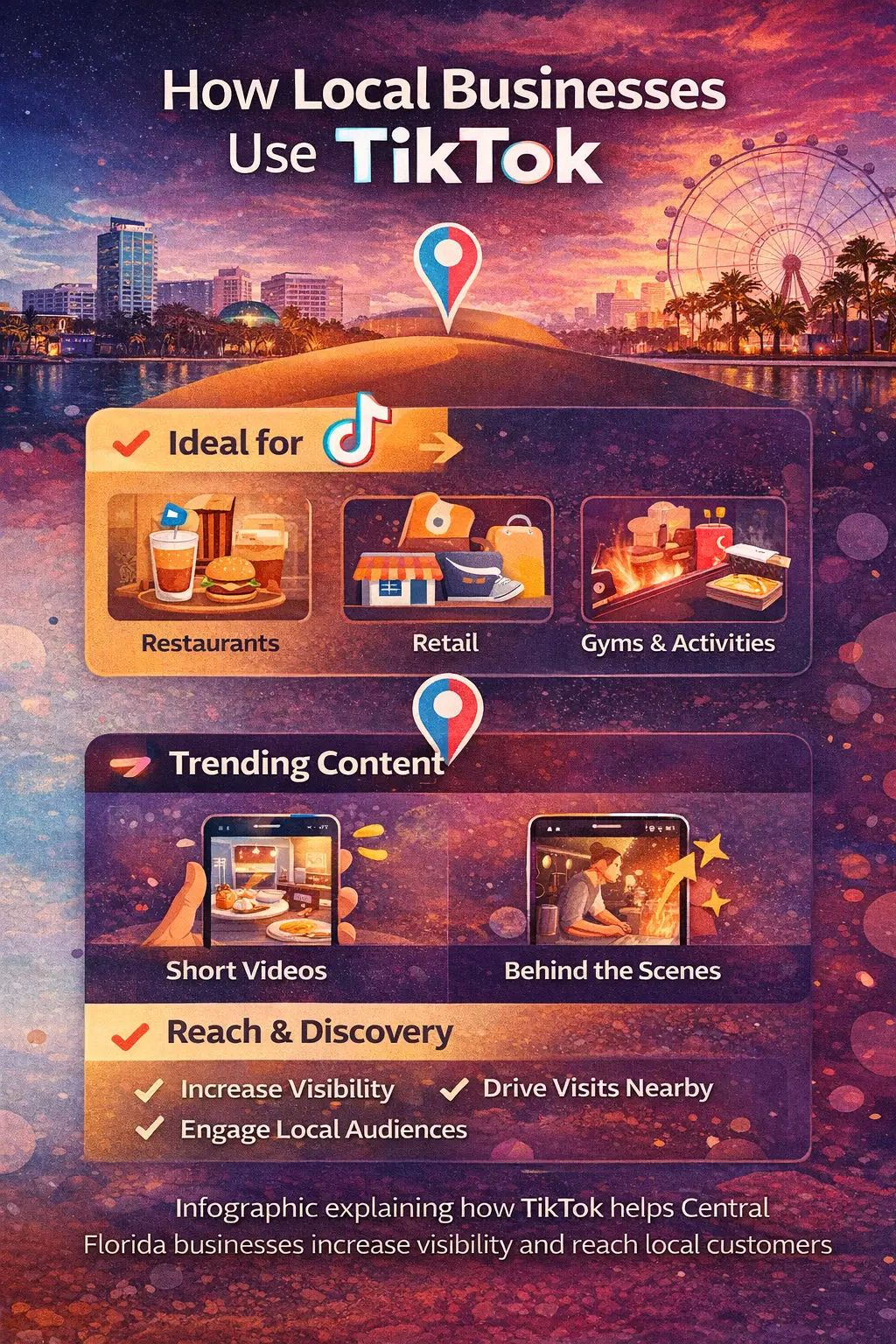 Infographic showing how TikTok helps Central Florida local businesses increase visibility, reach nearby audiences, and drive foot traffic