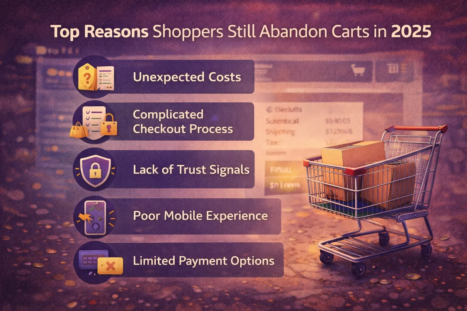 Infographic showing the top reasons shoppers abandon ecommerce carts in 2025, including checkout friction and trust issues