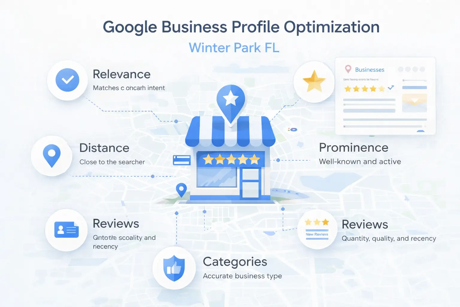 Google Business Profile Optimization Winter Park FL infographic showing local ranking factors