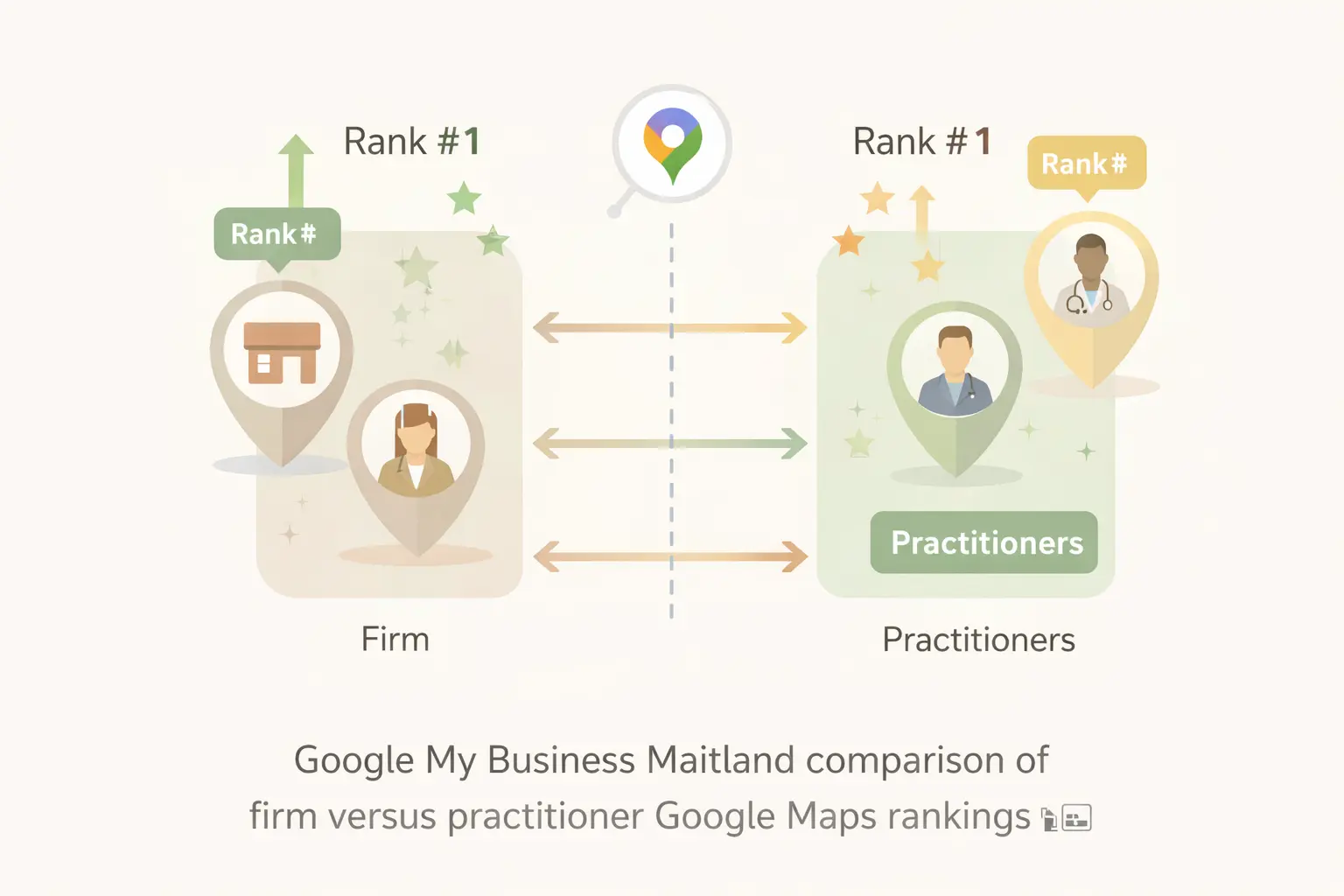 Google My Business Maitland comparison of firm versus practitioner Google Maps rankings