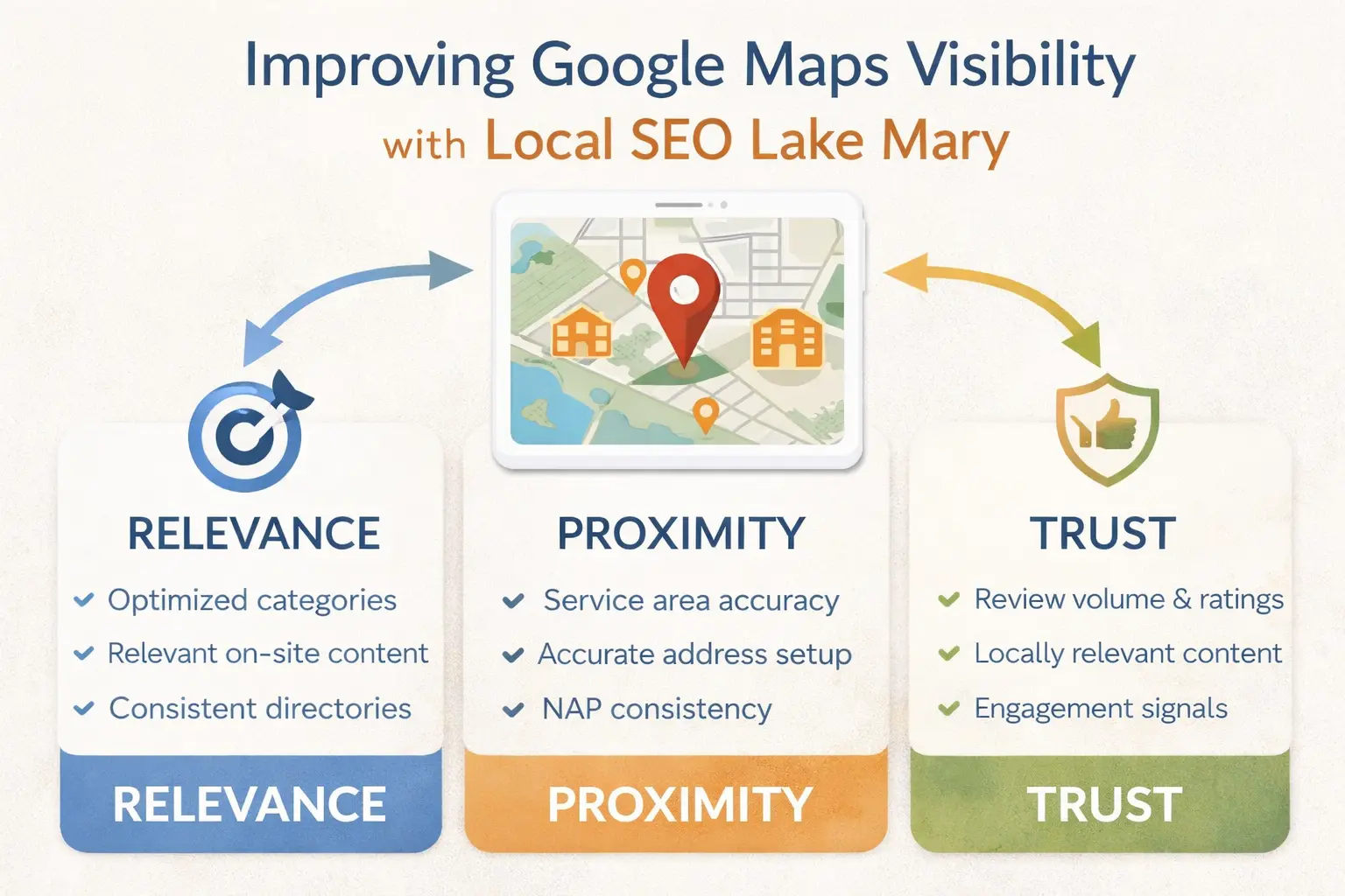 Local SEO Lake Mary infographic explaining Google Maps ranking factors for office-based businesses