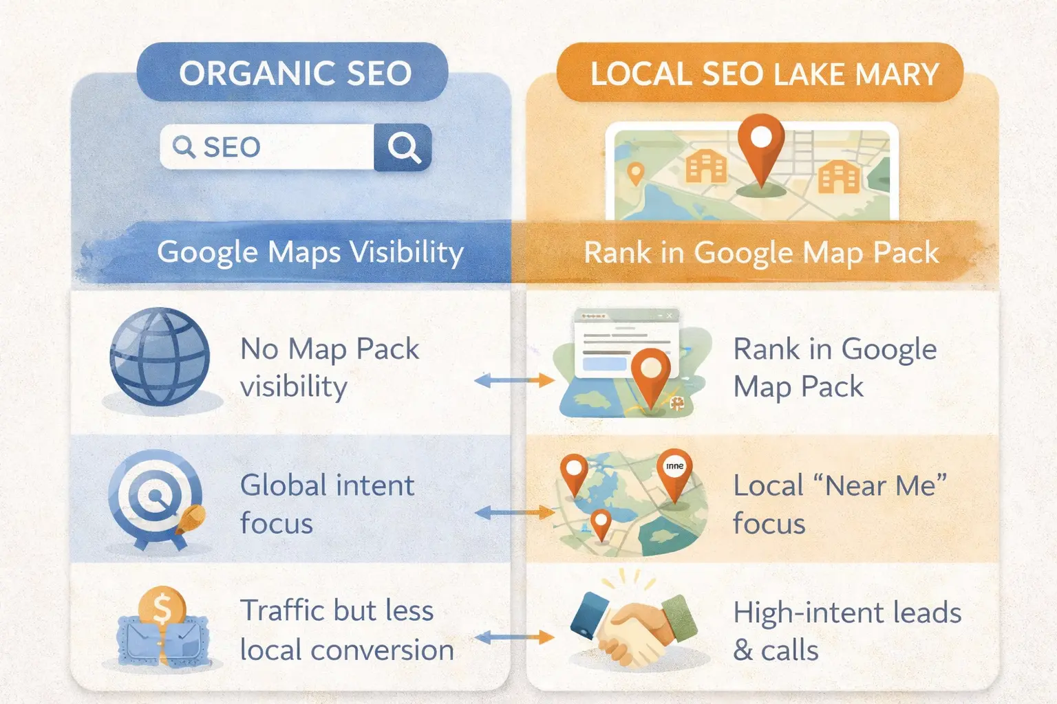 Local SEO Lake Mary comparison infographic showing organic SEO vs Google Maps optimization
