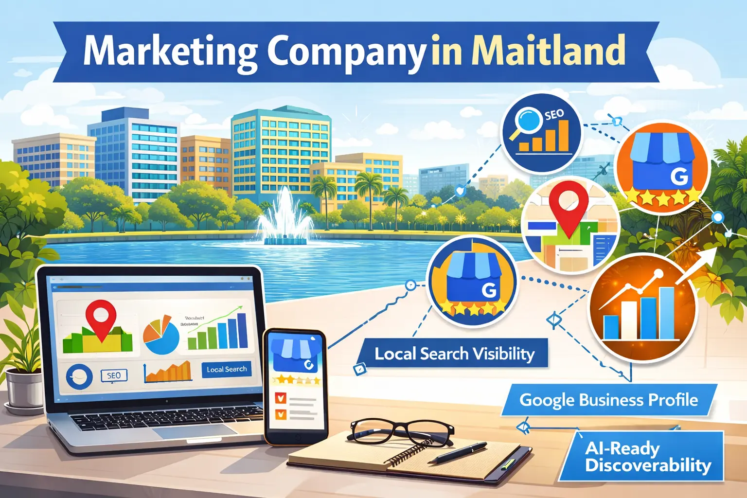 Infographic illustrating how a marketing company in Maitland supports local businesses through website structure, local search visibility, Google Business Profile optimization, and AI-ready discoverability.