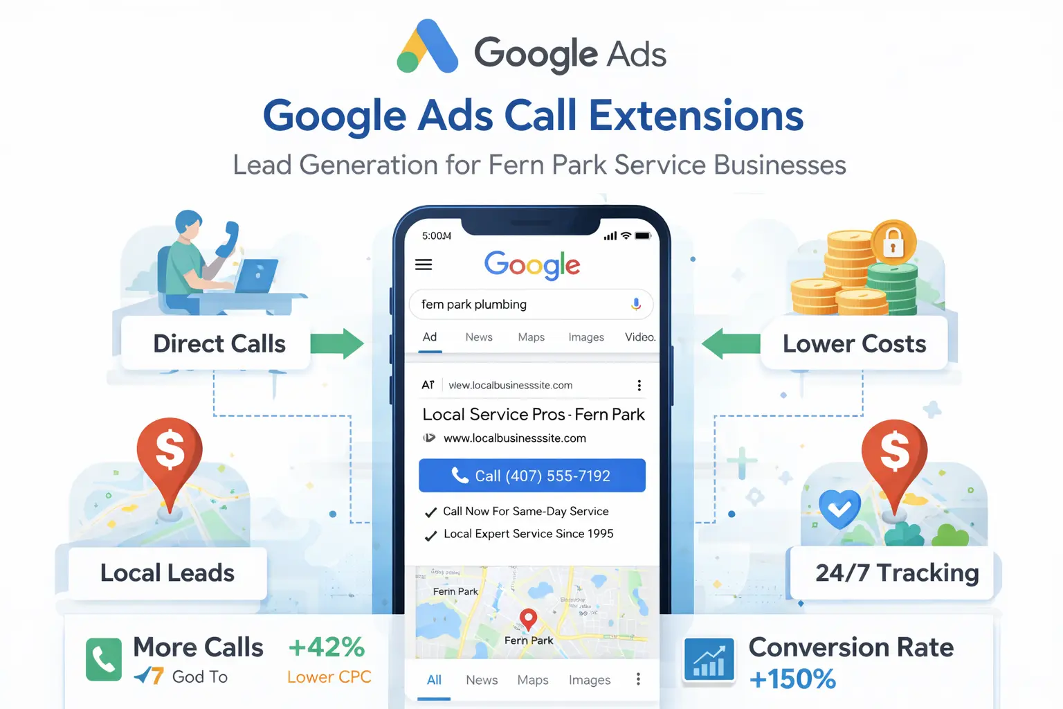 Infographic showing paid ads performance for Fern Park businesses using Google Ads and Facebook Ads, highlighting clicks, calls, conversions, cost per lead, and ROI from local advertising campaigns.
