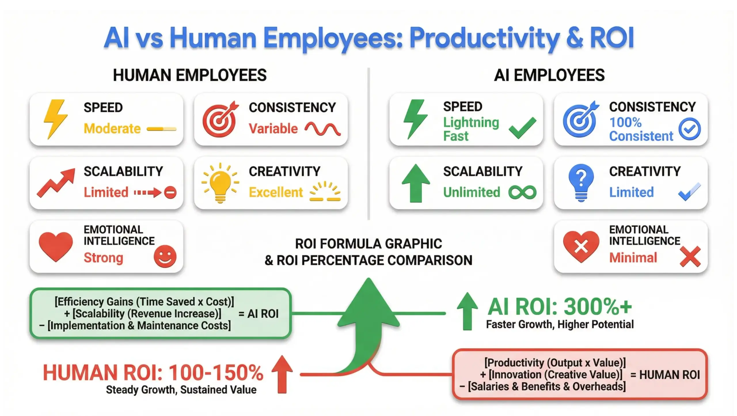 AI vs human employees productivity and ROI comparison infographic showing efficiency and scalability