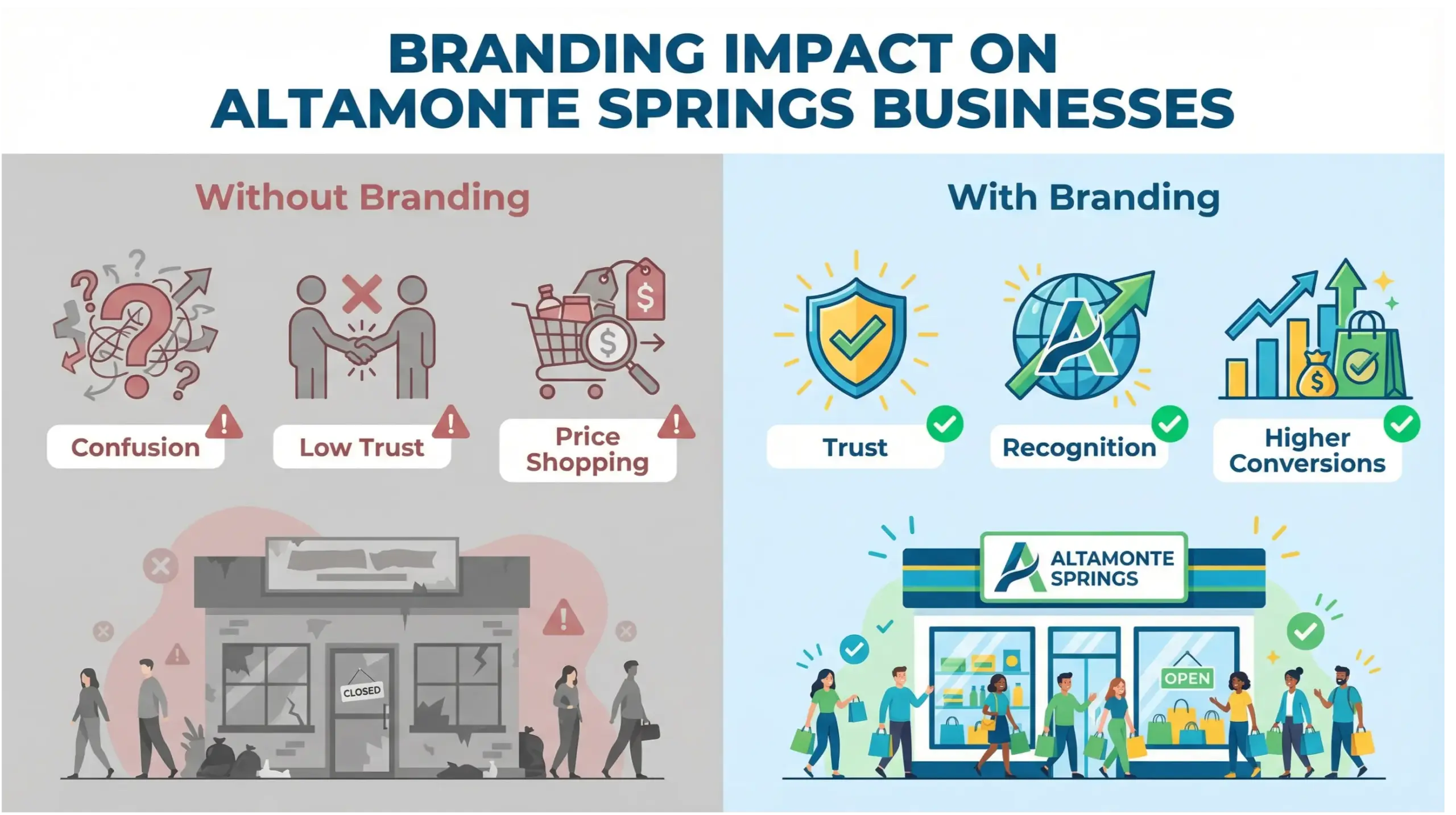 Altamonte Springs branding comparison infographic showing branded business versus unbranded business outcomes
