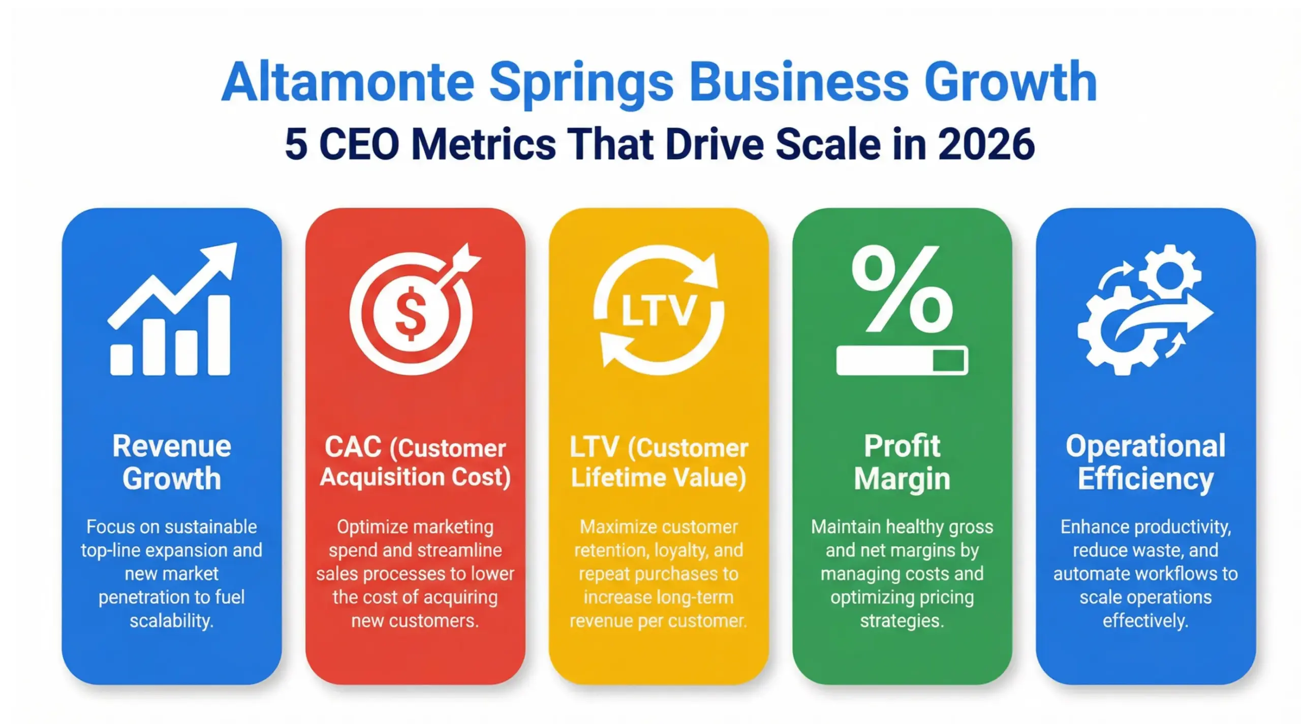Infographic showing Altamonte Springs business growth metrics including revenue growth, CAC, LTV, profit margin, and operational efficiency in Google-style colors