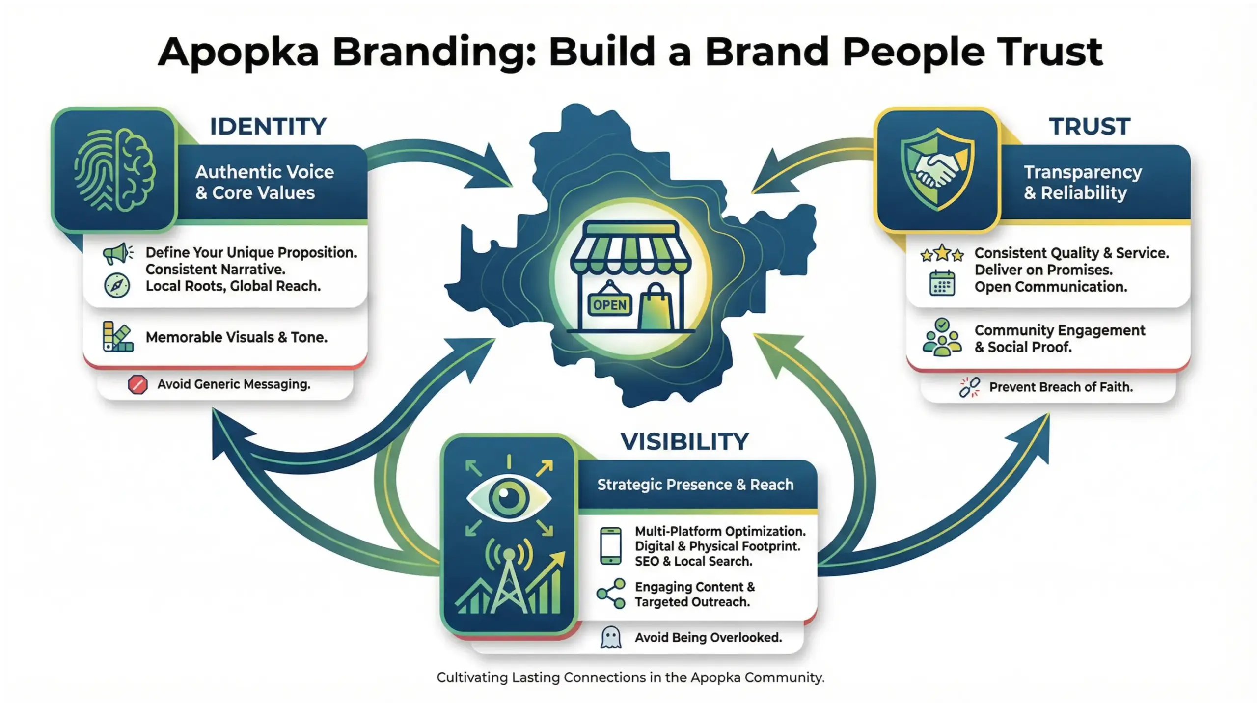 Apopka branding infographic showing how local businesses build identity, trust, and visibility in a growing market